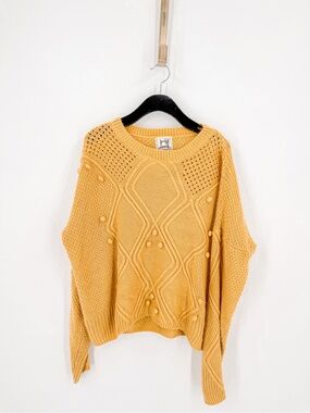 Mustard Yellow Knit Sweater Long Sleeve Boho Textured XS